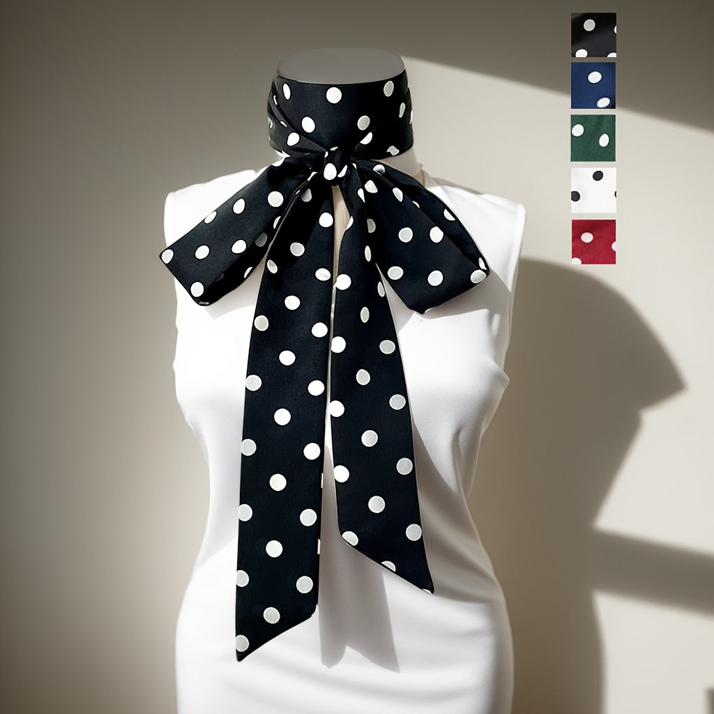 Black polka dot scarf on a mannequin with color swatches in the corner.
