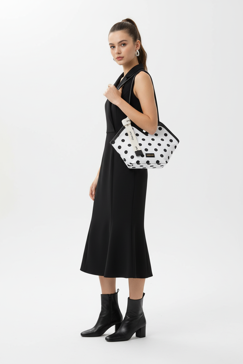 Model wearing polka dot bag