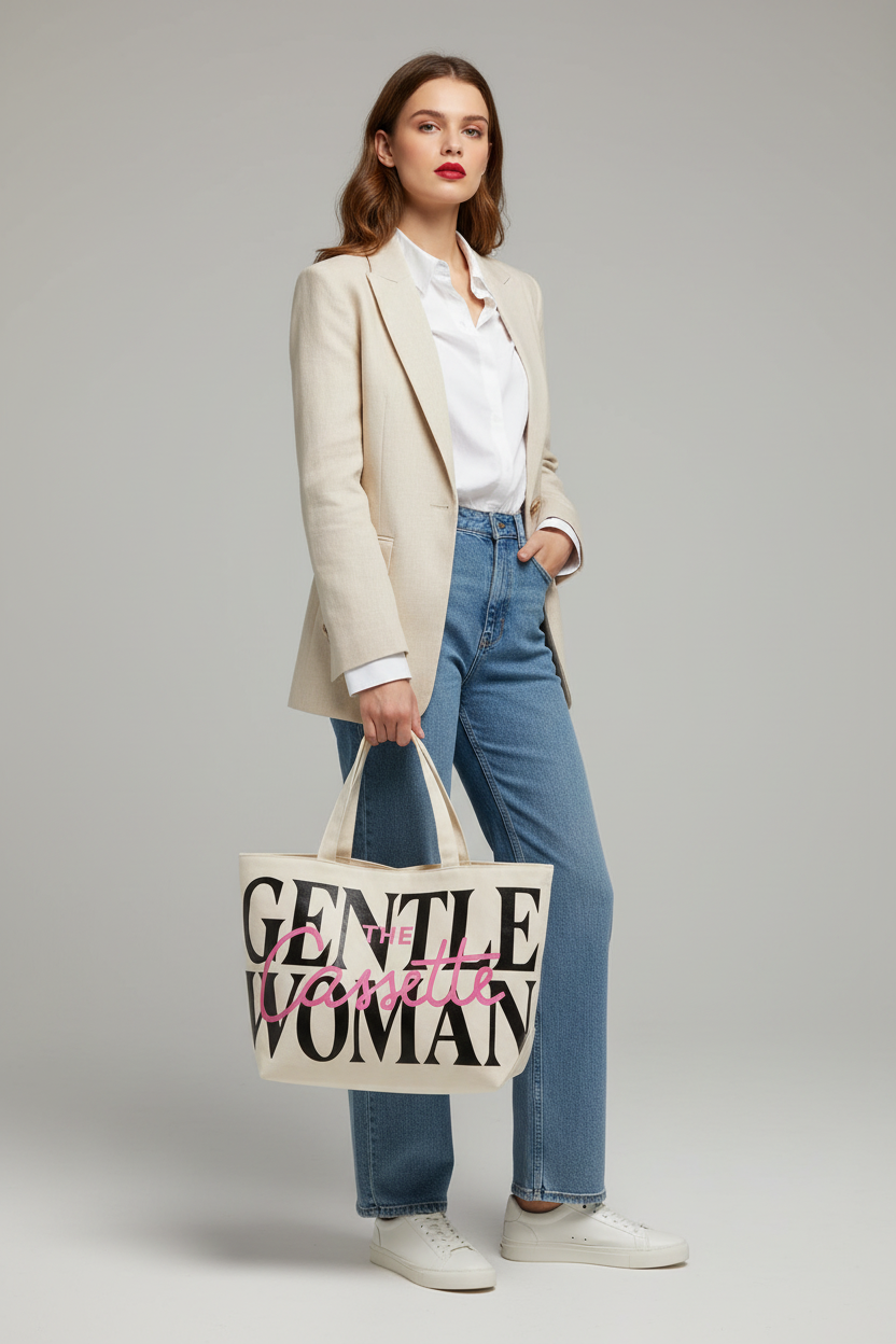 Woman holding beige tote bag