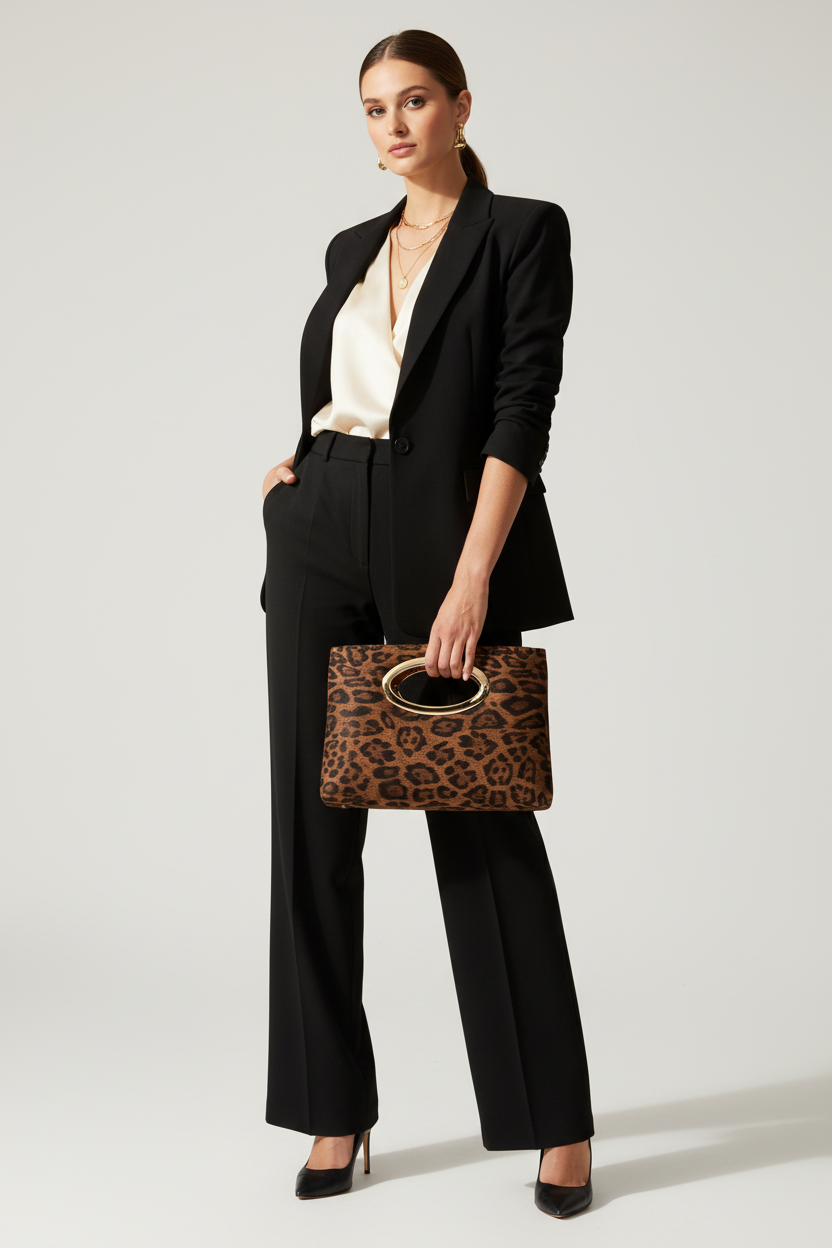 Woman holding leopard print bag by handle